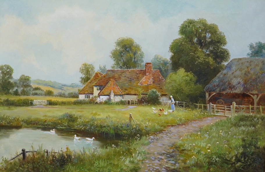 Early 20th century, English School, Figure feeding ducks beside a pond, monogrammed H B lower left, oil on canvas, 49 x 74cm, ornate gilt frame